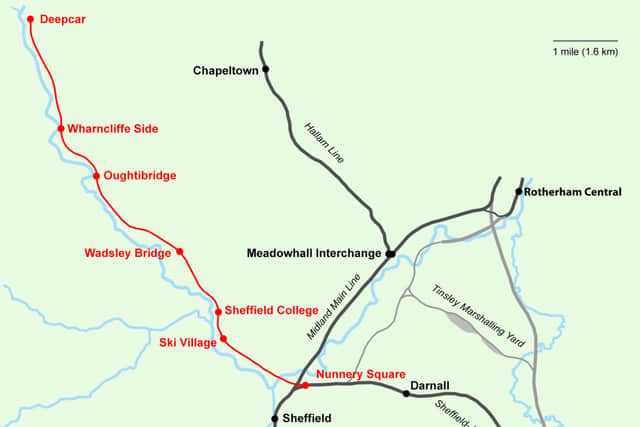 The Don Valley Railway line and its possible stations, shown in red.