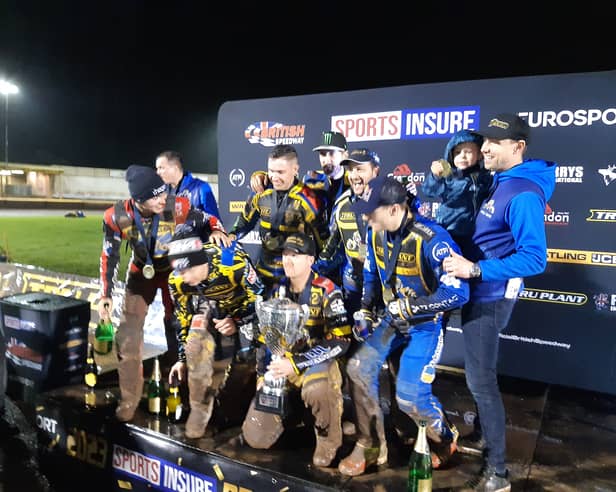 Sheffield Tigers with the Sports Insure Speedway Premiership Trophy after their win over Ipswich at Owlerton. Picture: David Kessen, National World
