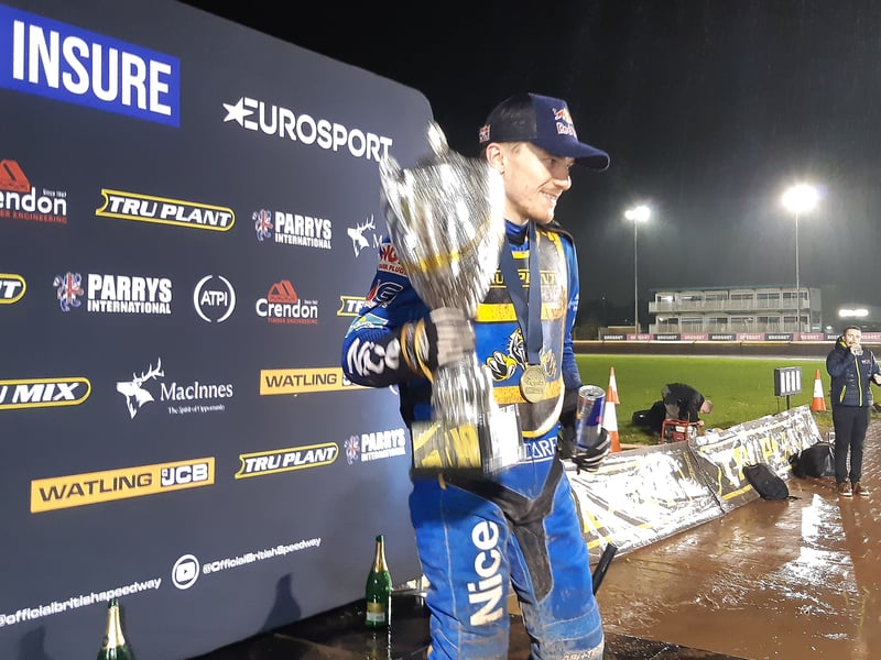 Grand prix star Robert Lambert with the trophy after Sheffield Tigers win the Speedway Premiership. Picture: David Kessen, National World