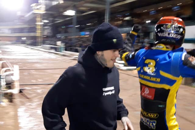 Former world champions Tai Woffinden and Chris Holder  after Sheffield Tigers win the Speedway Premiership. Picture: David Kessen, National World