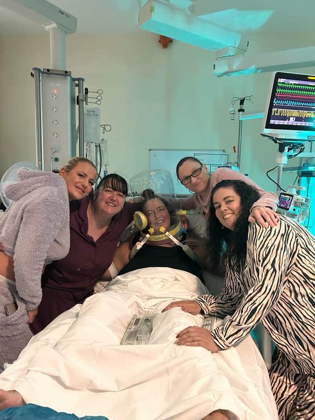 From left to right: Shelley, Cheryl, Susannah and Amanda visiting Lindsay in the hospital.