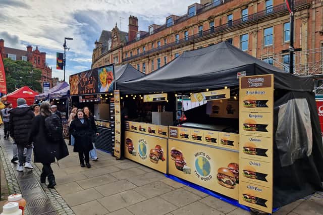 The Speciality Burgers stall at the continental market on Pinstone Street, Sheffield, where kangaroo burgers are available, along with ostrich and wild boar burgers.