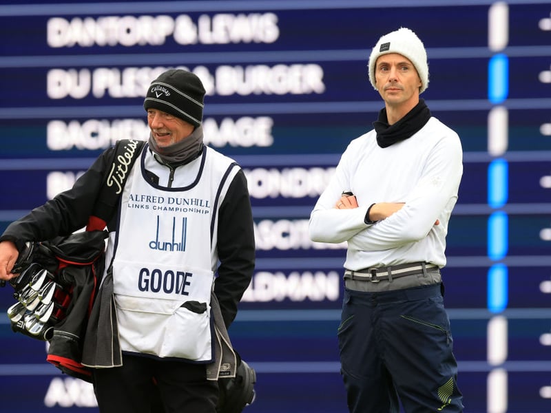 Downton Abbey's Matthew Goode looks across the 17th green at the Old Course.