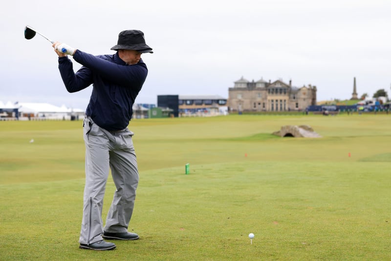 Linkin Parl musician Dave Farrell tees off on the 18th hole during Day One of the Alfred Dunhill Links Championship at the Old Course, St Andrews.