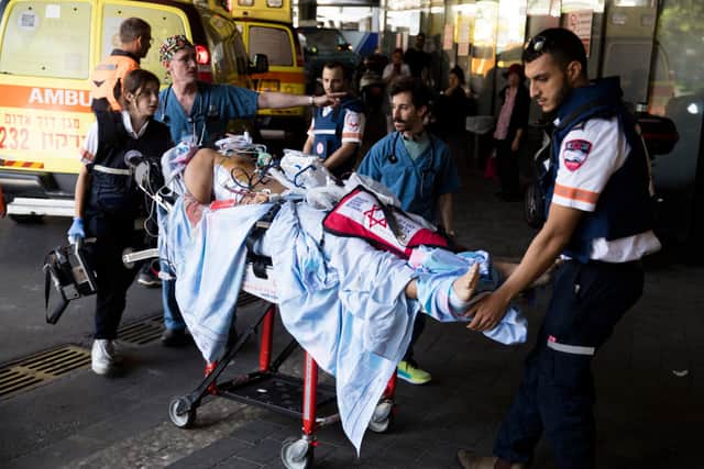An injured soldier is brought into Tel Aviv’s Surasky Medical Center in Tel Aviv on October 7, 2023 in Tel Aviv, Israel. Credit: Amir Levy / Getty Images