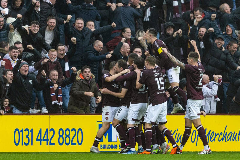 The Jambos celebrate with Alan Forrest after he put his side 1-0 up.