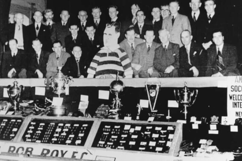 Rob Roy display their Cups and Medals at Sports Exhibition in Kirkintilloch Town Hall, 1953. Kirkintilloch Rob Roy FC formed in 1878 and are still playing to this day.