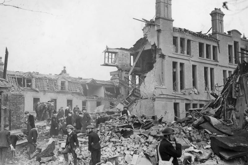  A bombed junior school in Liverpool, after a German air raid during World War Two. Houses near the school were also damaged.