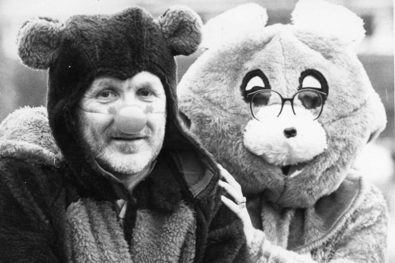 Two teddy bears cycling on a tandem for Comic Relief in 1991. Pictured are Mel Hall, left and Elaine Allen. Both were Locality Managers in the South Tyneside health service. Photo: Shields Gazette