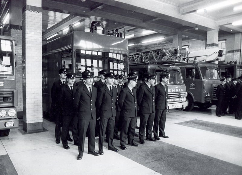 Firefighters on parade at the station on Division Street, Sheffield, for the last time, in February 1988. The old fire station is now home to the Bungalows & Bears bar