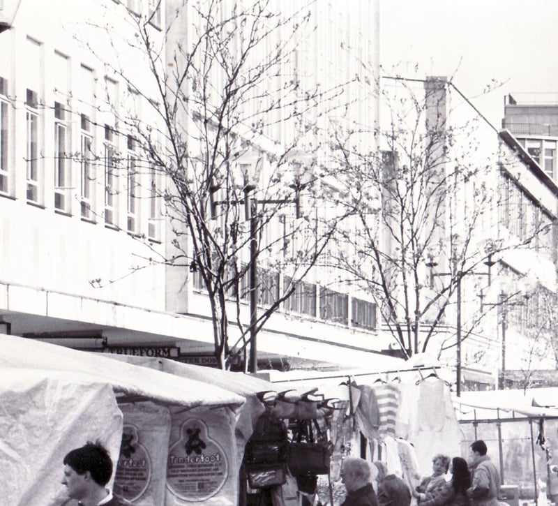 Market stalls on The Moor, Sheffield, on April 20, 1988