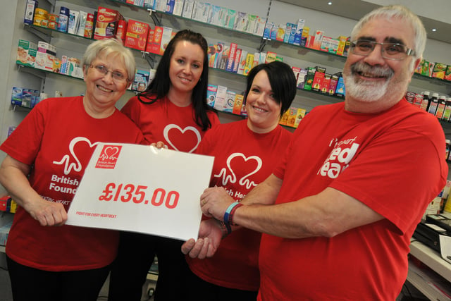 Josie Aslett, Angela Linsay and Joanne Ayre from The Avenue Pharmacy in Lower Dundas Street.
They raised cash for the British Heart Foundation in 2014.
Here they are with Michael Roper from the Foundation.