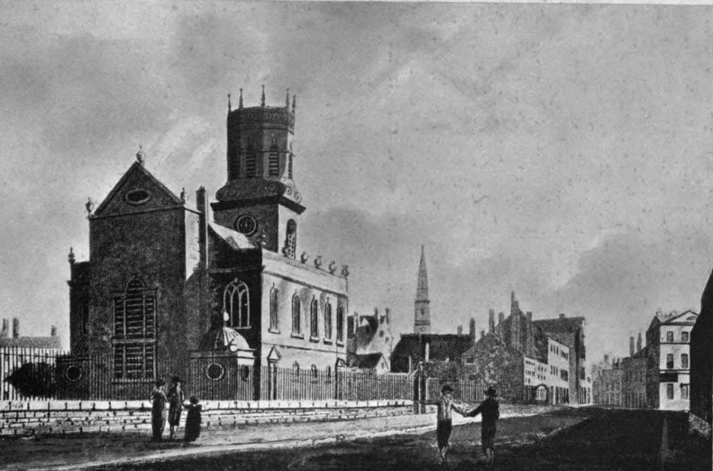 Church Street is named after St Peter’s Church, which was erected in 1700 and consecrated in 1704 - it is pictured here circa 1800. It was demolished in 1922 and its location is now marked by a bronze Maltese cross in the pavement.
