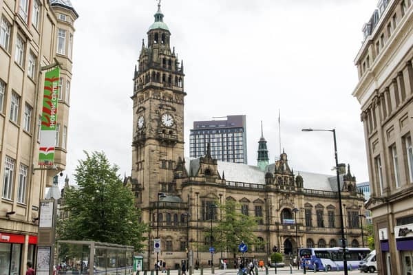 A protester climbed onto the roof of Sheffield town hall to remove an Israeli flag