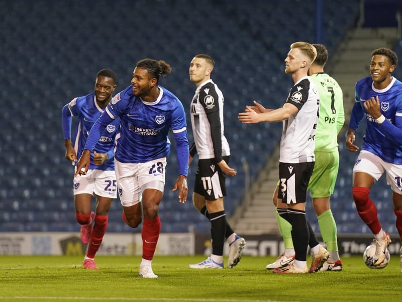 Tino Anjorin celebrates his 11th-minute goal for Pompey. His first goal for the club.