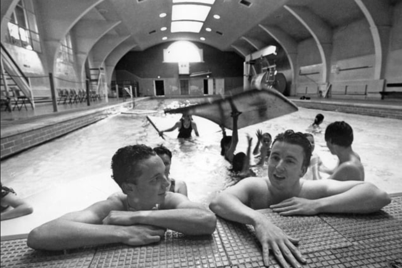 Karl Peacock and Ian Gardener take a rest as youngsters enjoy their last day at Derby Street baths in 1993. Photo: Shields Gazette