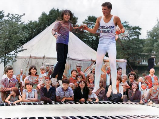 On the Yorkshire Brigade stand at Sheffield Show, Diane Clarke of Arbourthorne, Sheffield, tries her luck on the trampoline, with the aid of Private John Hogg - August 1, 1967