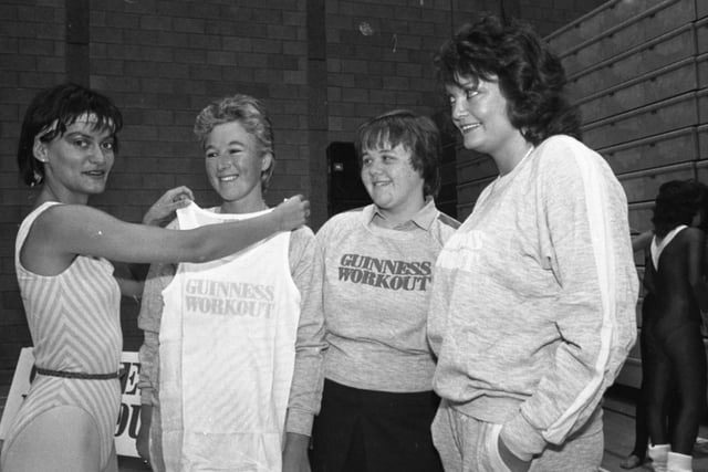 Over to Crowtree Leisure Centre in 1983.
Workout demonstrator Susan Weatherall-King presented tracksuits to the first prize-winners in the Echo/Guinness competition.