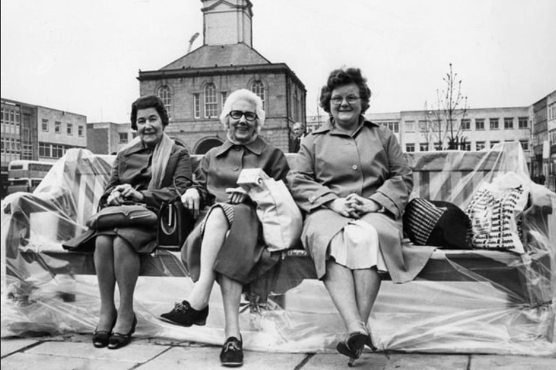 Boldon pals May Robson; Norah Mushens and Elsie Henderson have a rest from shopping in April 1982. Photo: Shields Gazette