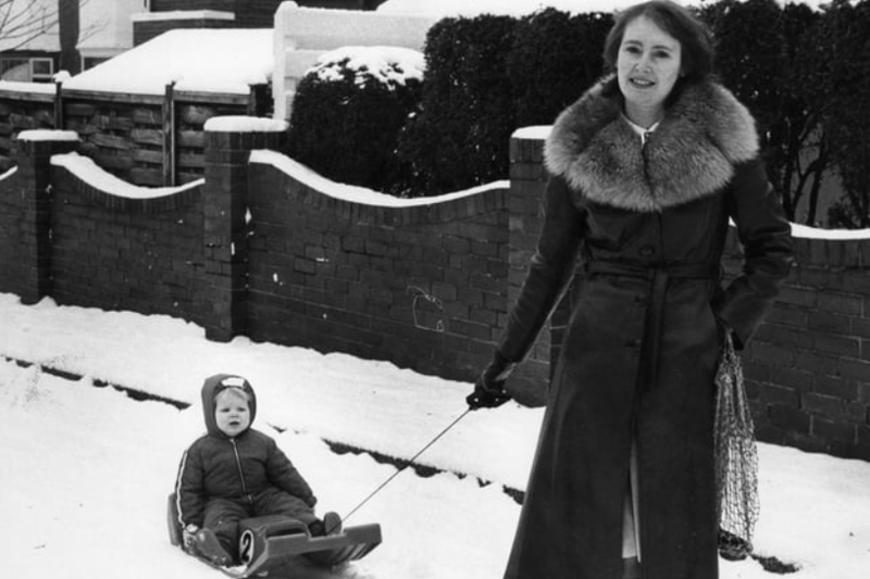 Margery Holmes walked to the shops using a sledge to transport 17-month old Neil in 1982. Photo: Shields Gazette