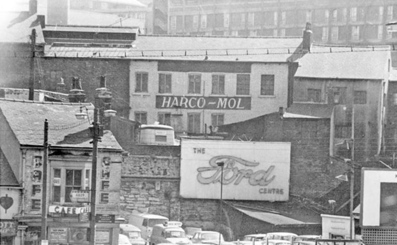Sheaf Street, Sheffield, in April 1968, viewed from the junction with Commercial Street, showing the Copper Kettle Cafe and Sheaf Street Motors Ltd car dealers. Photo: Picture Sheffield/Sheffield Newspapers Ltd