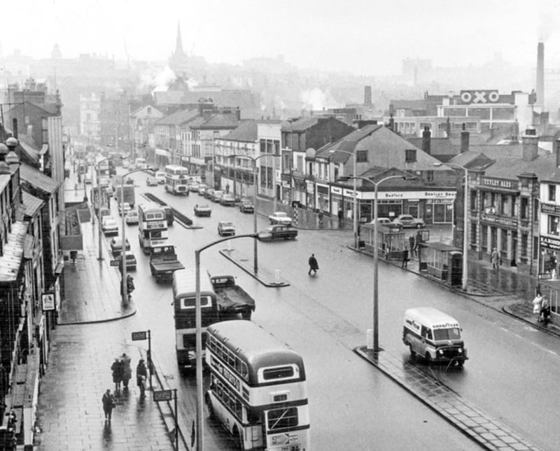 Elevated view of The Wicker, Sheffield, in 1964, taken from the Wicker Arches and looking towards Lady's Bridge, showing businesses including The Viaduct pub and Bentley Brothers motor car agents. Photo: Picture Sheffield/Sheffield Newspapers