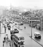 Elevated view of The Wicker, Sheffield, in 1964, taken from the Wicker Arches and looking towards Lady's Bridge, showing businesses including The Viaduct pub and Bentley Brothers motor car agents. Photo: Picture Sheffield/Sheffield Newspapers