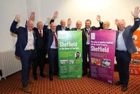 From left: Andy Kershaw, Tony Currie, Richard Caborn, Keith Hackett, Paul Blomfield MP, Lord Mayor Colin Ross, councillor Denise Fox (Chair of SHOF) and Clive Betts MP
