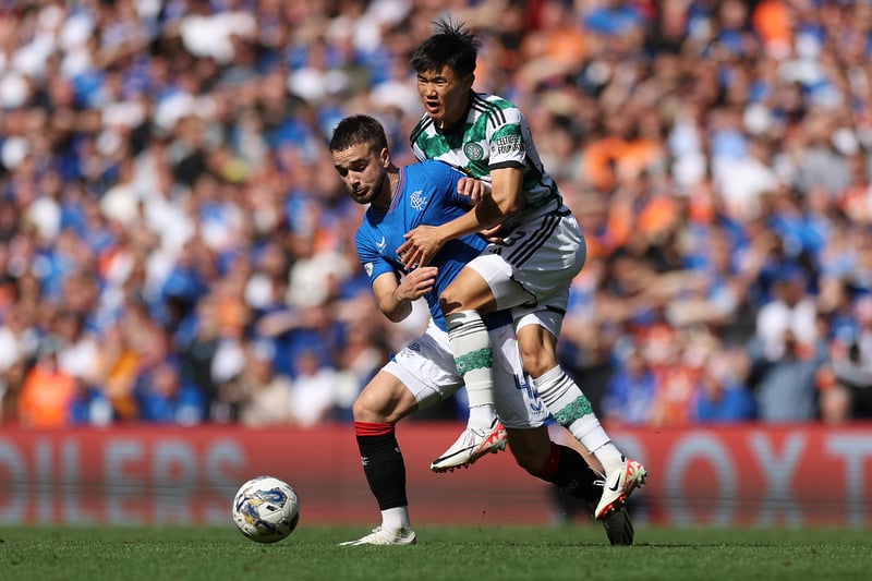 Nicolas Raskin of Rangers is challenged by Yang Hyun-jun of Celtic during the first Old Firm derby of the season.