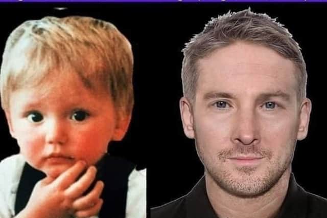 A poster showing Ben Needham as he looked when he disappeared and how it is believed he may look as an adult. Photo: Help Find Ben Needham Facebook page