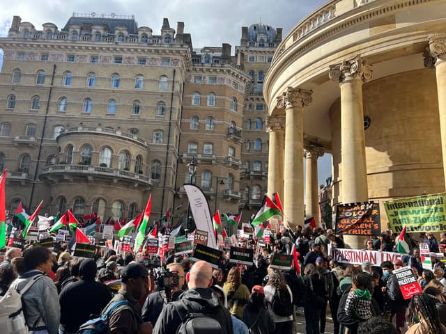 March For Palestine protesters outside All Souls Langham Place, near the BBC's Portland Place headquarters. (Photo by André Langlois)
