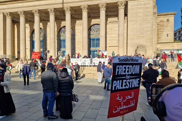 A protest outside Sheffield City Hall which called for an end to the Israeli bombing of Gaza following the attacks by Hamas
