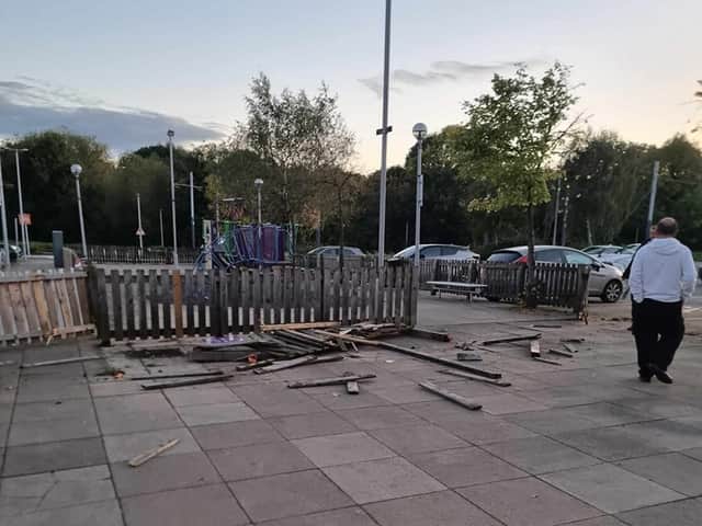 The aftermath of a crash in the car park at Crystal Peaks shopping centre in Sheffield, where a driver lost control of the vehicle and ended up hitting the fence of a children's playground on Saturday, October 14. Photo: Michael Hull