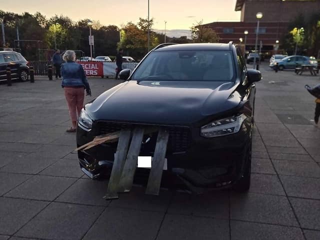 The aftermath of a crash in the car park at Crystal Peaks shopping centre in Sheffield, where a driver lost control of the vehicle and ended up hitting the fence of a children's playground on Saturday, October 14. Photo: Michael Hull