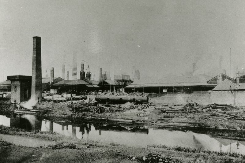 This photograph of two of Coatbridge’s malleable ironworks shows just how heavily developed the canal banks were in urban areas.The open-sided sheds by the canals probably contained rolling mills and steam hammers whereas the bulidings with lots of chimneys contained puddling furnaces where the iron was processed before being rolled and hammered. The site of the Phoenix Iron Works on the right is now a McDonald’s car park and the area in the centre of the photo is now a traffic roundabout.