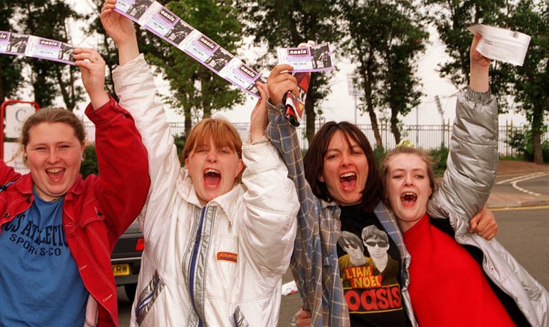 Oasis fans Donna Barge, of Beighton, and Sarah Wilson, Linda Hammond and Cheryl Gill, all from Rawmarsh, with their much prized Oasis tickets in 1997