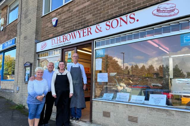 Jackie and Keith Bowyer, and staff Christina Wilson and Mark Crook, outside their shop DH Bowyer & Sons, Lodge Moor