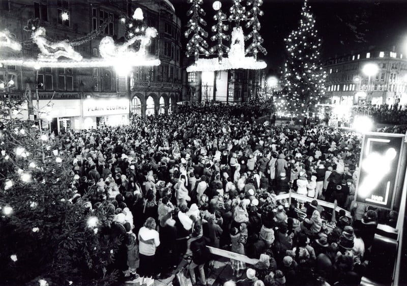 Crowds gather to see Sheffield's Christmas illuminations in 1985