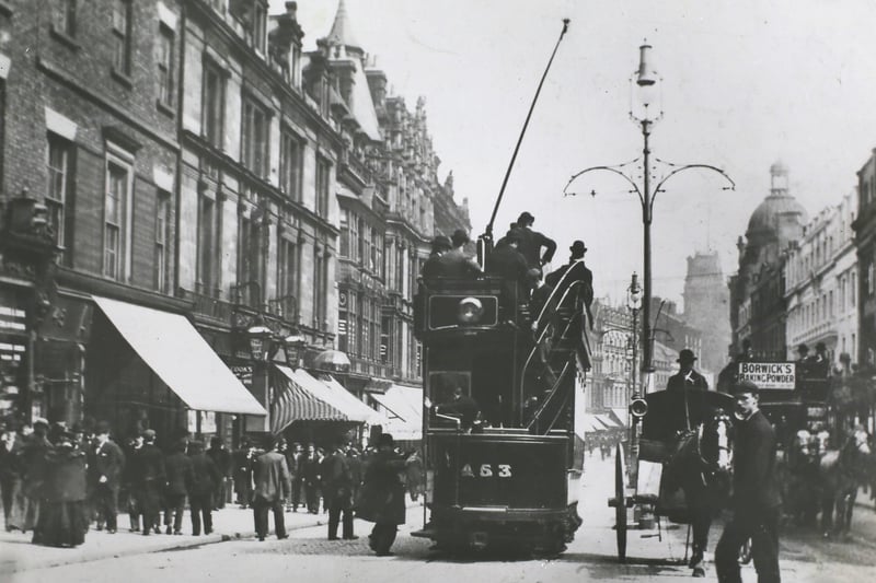 One of the first electric tramcars proceeding down Lord Street in Liverpool, circa 1902