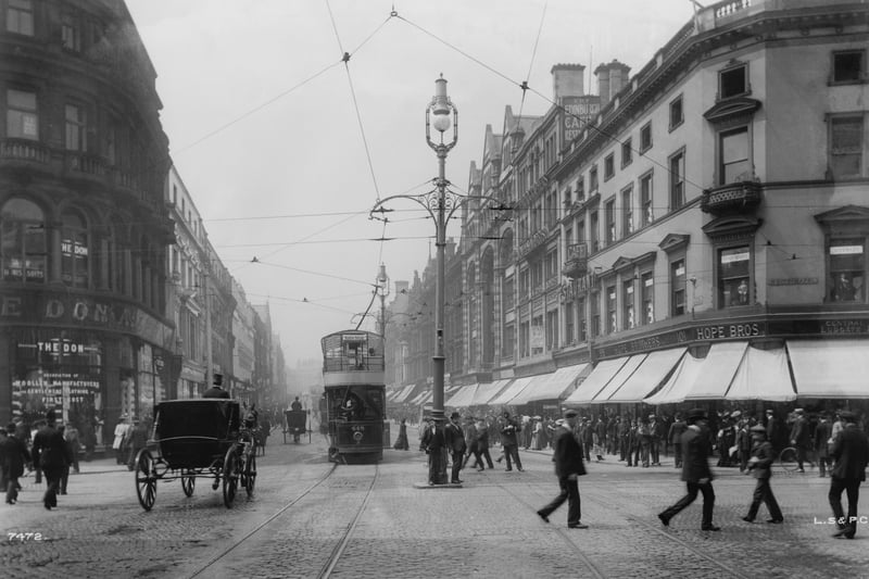 An electric tram on Lord Street, central Liverpool, circa 1900.
