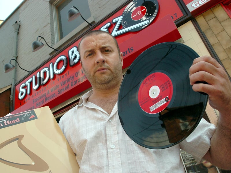 Owner 'Naughty Nick' Nick Smark outside Studiobeatz, on West Street, Sheffield, in July 2004