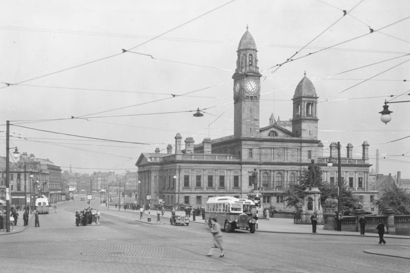 The Town Hall and new bridge in Paisley, Scotland, circa 1940. 