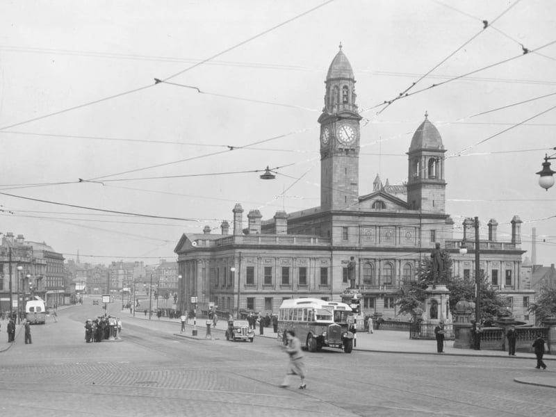 The Town Hall and new bridge in Paisley, Scotland, circa 1940. 