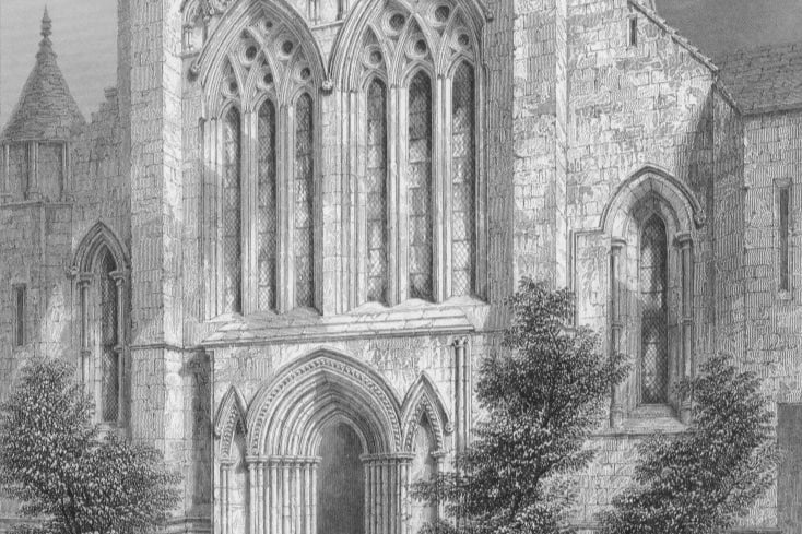 The west front of Paisley Abbey, as it looked in 1700. Drawn by R.W. Billings and engraved by J. Godfrey.