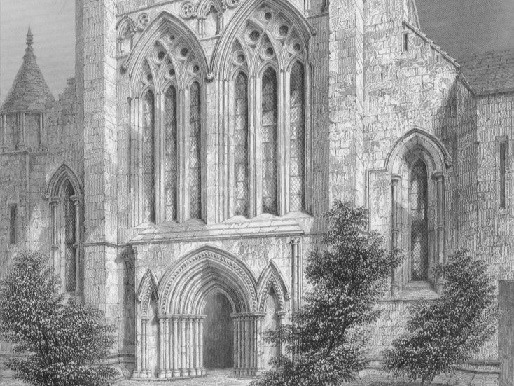 The west front of Paisley Abbey, as it looked in 1700. Drawn by R.W. Billings and engraved by J. Godfrey.