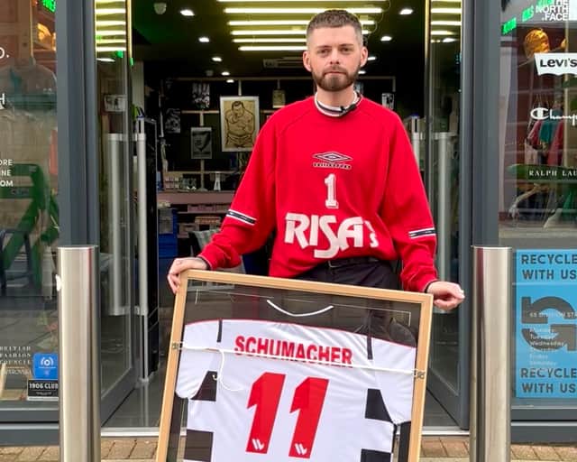 Lee Clapp bought a Michael Schumacher charity football shirt for £28 and has discovered it could be worth over £3,000. (Photos courtesy of Glass Onion)
