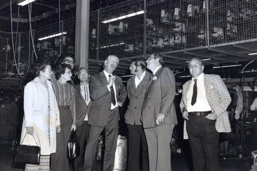 Mr John Maxwell Wotherspoon, Managing Director, 1969-77, showing a party of American visitors around the factory.