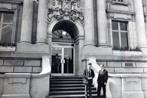 The main entrance to Clydebank Central Library on Dumbarton Road. Peter Brand (left) Chief Librarian is seen here with Councillor John McGinlay, Convener of the Library Management Committee.