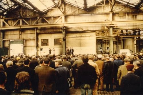 Mass meeting between the Upper Clyde Shipbuilders at the end of a work-in. November 1972.