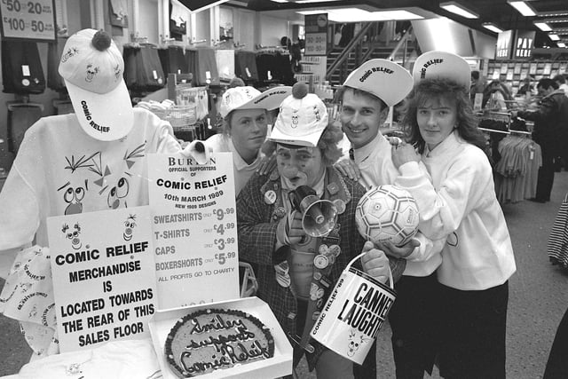 Smiley the Clown got Comic Relief under way with the help of Karen O'Driscoll, Graeme Doughty and Tracey Hounslow at Burtons in High Street West in 1989.